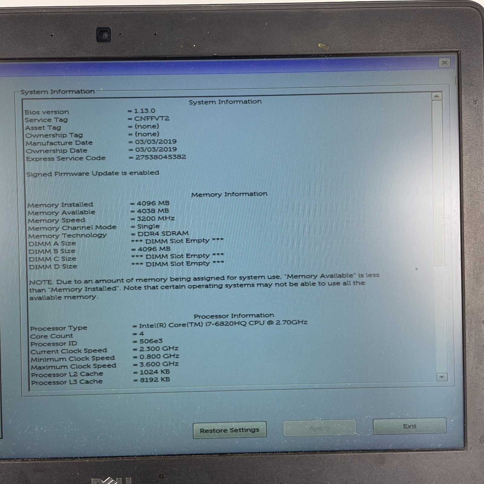 Dell Precision 7520 Intel i7-6820HQ 2.7GHz 4Gb Ram AMD Radeon Pro WX 4130