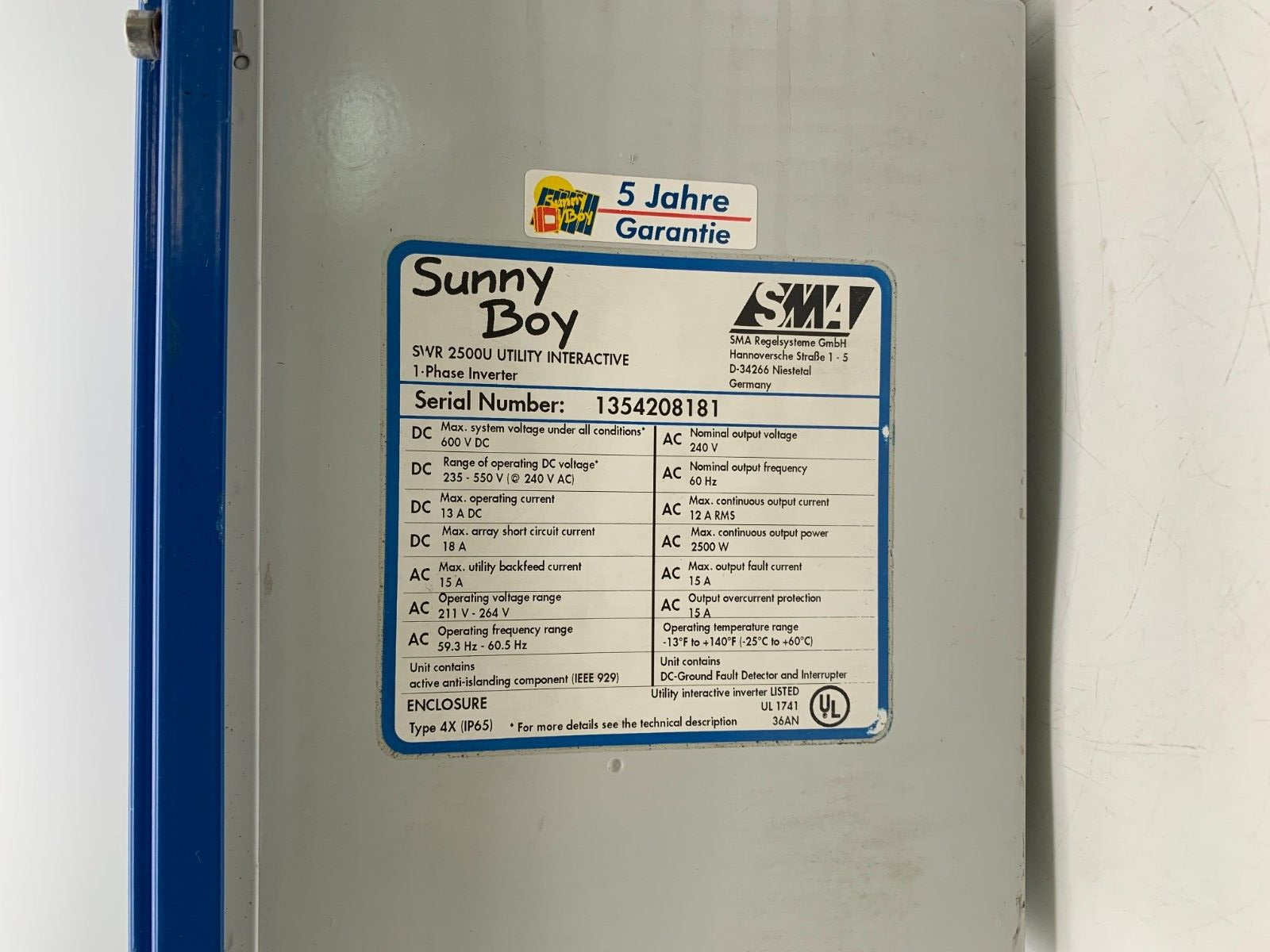 SMA SWR2500U Sunny Boy Utility Interactive 1 phase Inverter