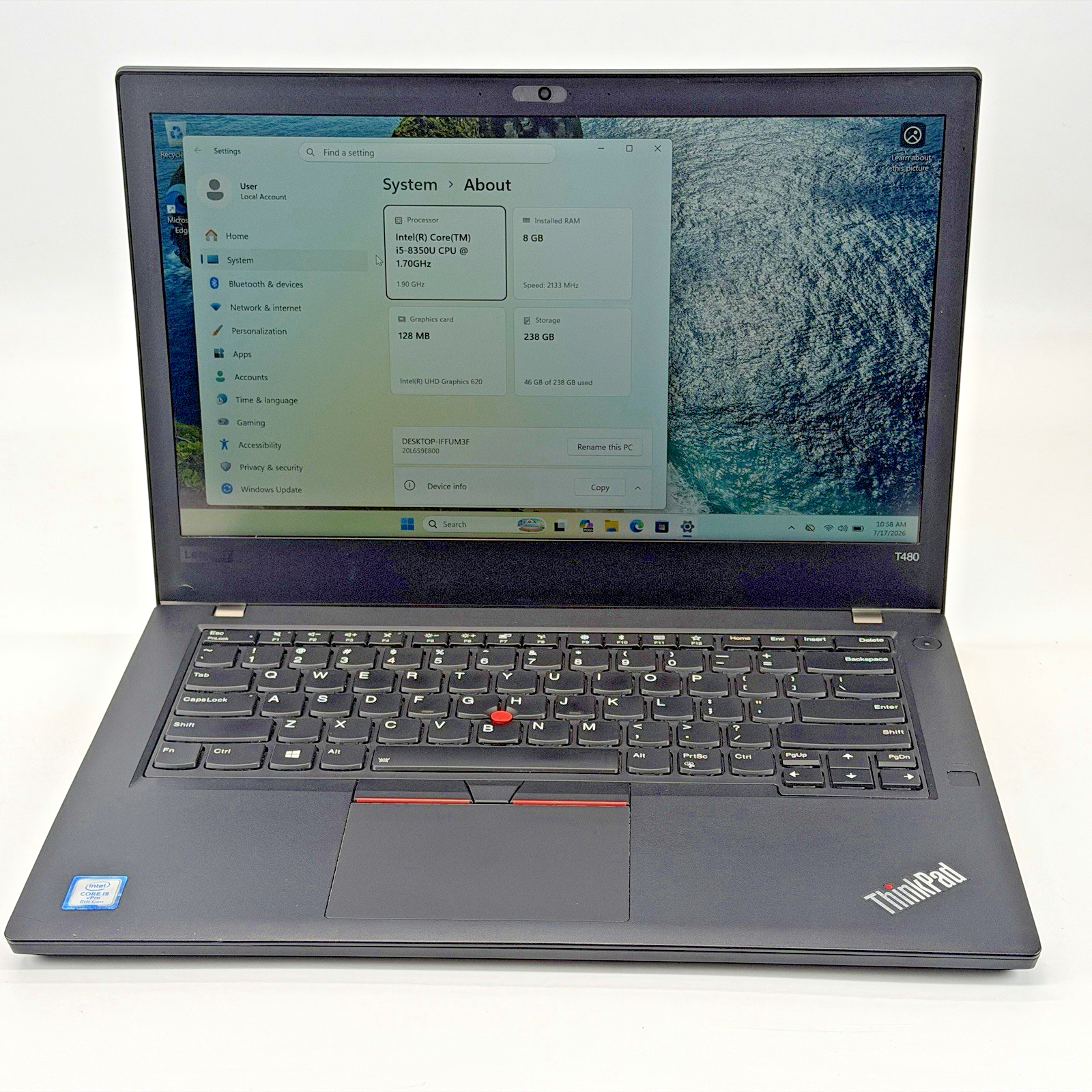 Lenovo ThinkPad T480 Intel i5-8350u 1.70 GHz 8 GB RAM 256 GB SSD (NVMe) Win 11