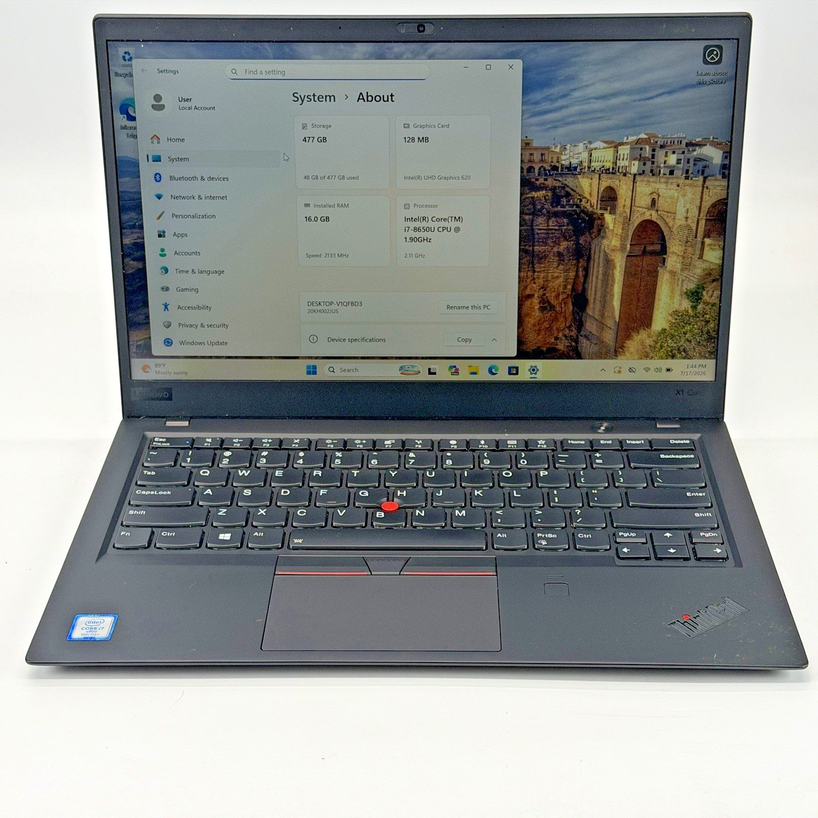 Lenovo ThinkPad X1 Carbon 6th Gen i7-8650u 16 GB RAM 512 GB SSD (NVMe) Win 11