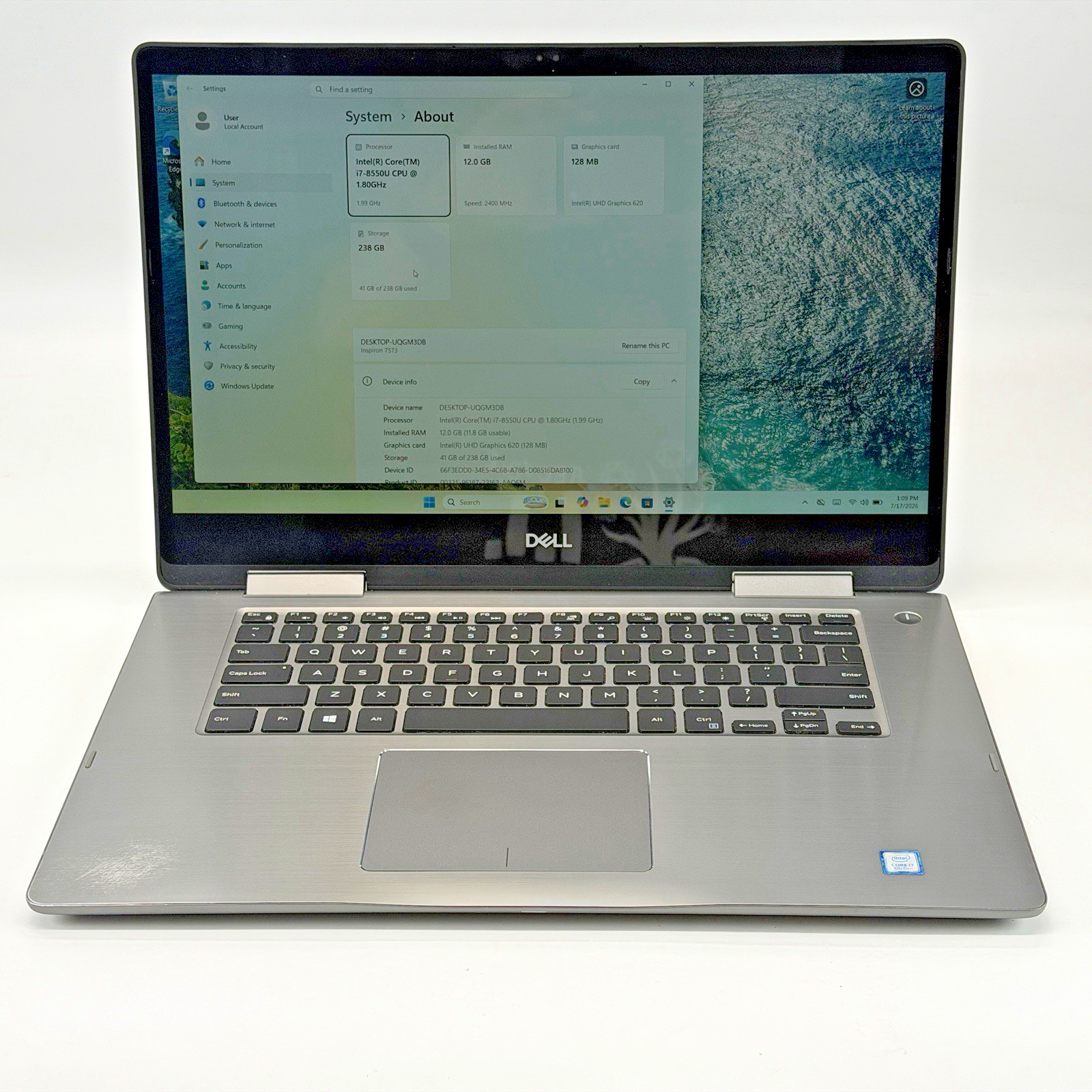 Dell Inspiron 7573 Intel i7-8550u 1.80 GHz 12 GB RAM 256 GB SSD (NVMe) Win 11