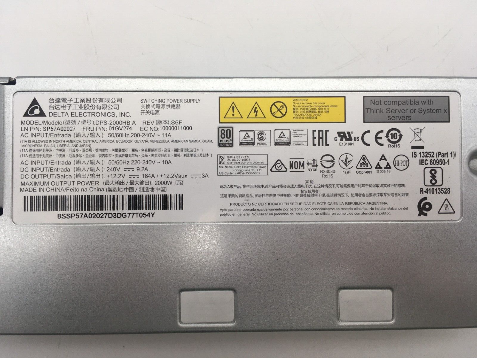 Lenovo 01PF095 Delta 2000W 80 Plus Platinum DPS-2000HB PSU SR860 SR950