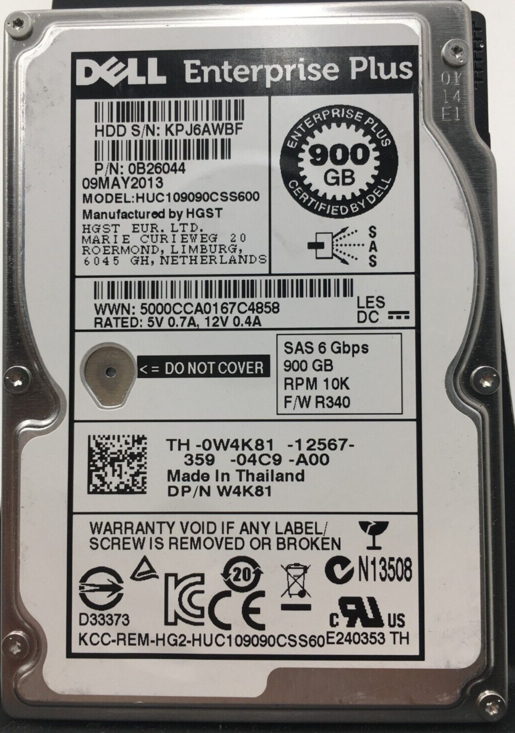 DELL 900GB 6Gbps 10K SFF 2.5" SAS HDD HUC109090CSS600 0B26044 W4K81 0W4K81