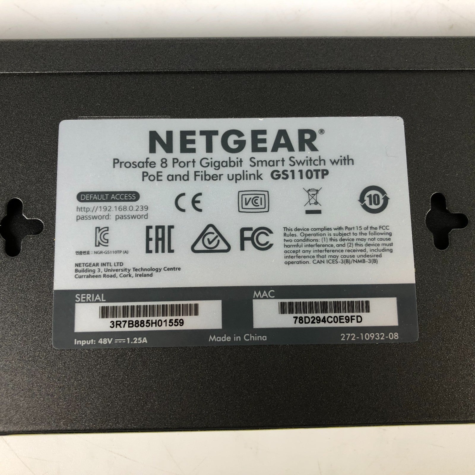 Netgear ProSafe GS110TP 8x Power over Ethernet Gigabit Smart Switch - No Adapter