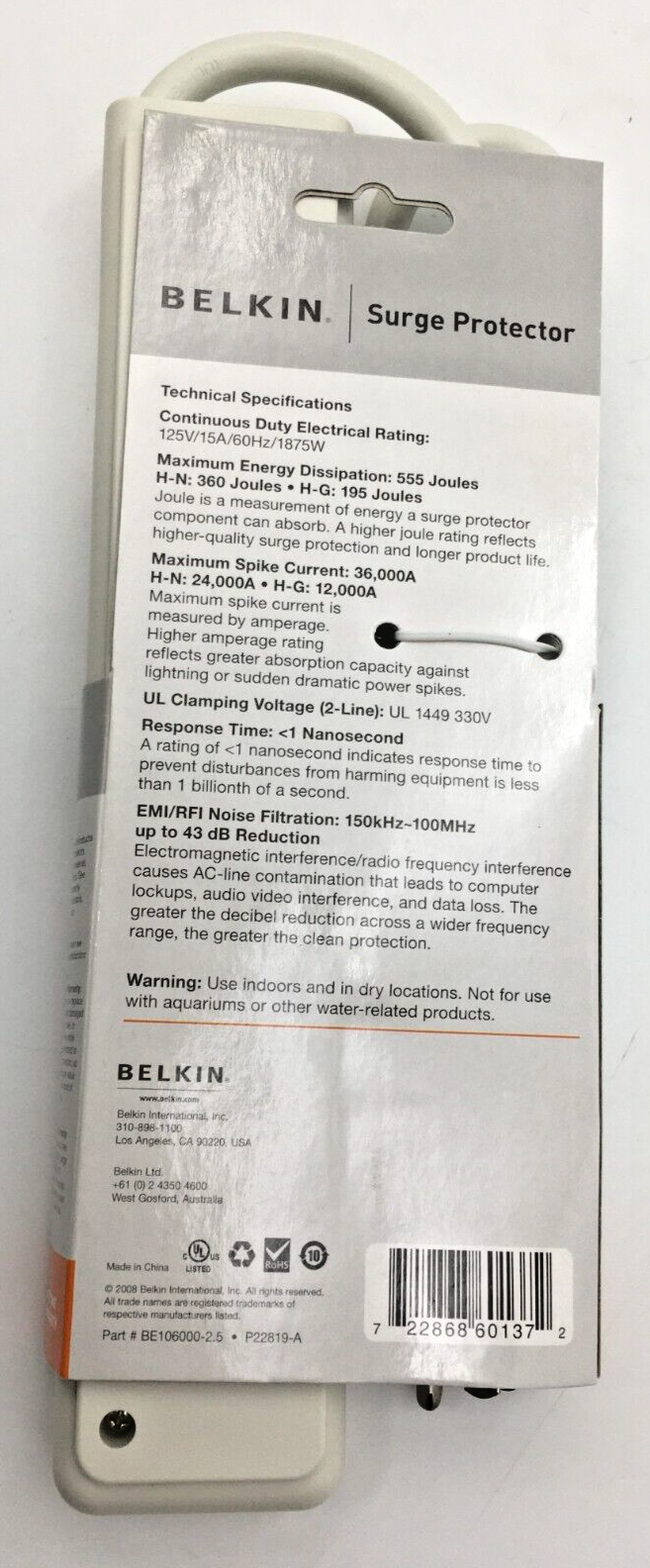 Belkin Surge Protector BE106000-2.5 Feet 6 outlets