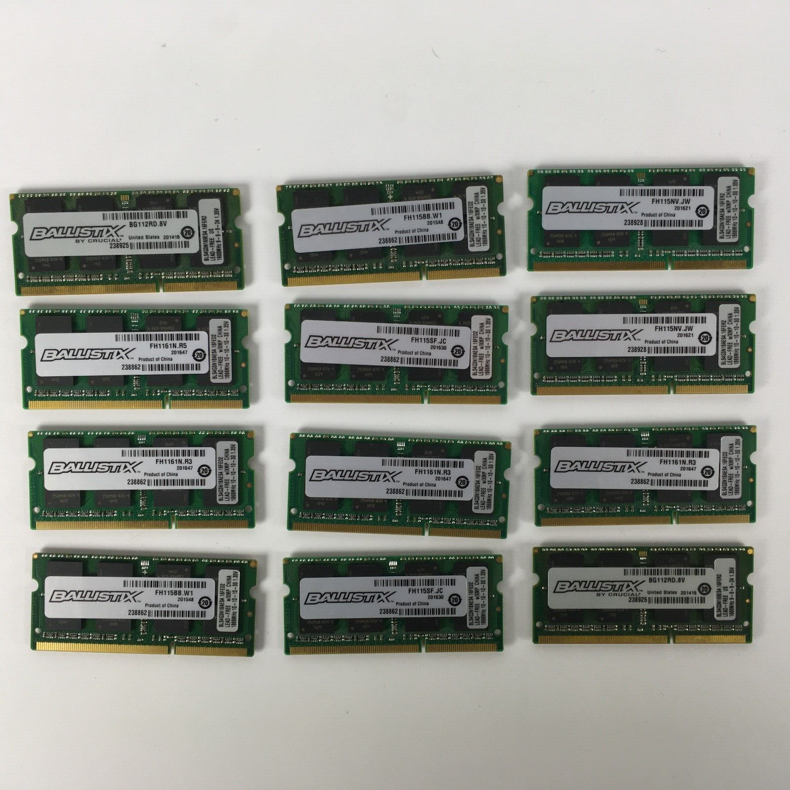 Lot of 12 Crucial BLS4G3N18AES4.16FD2 4GB DDR3 1866 Laptop Memory RAM