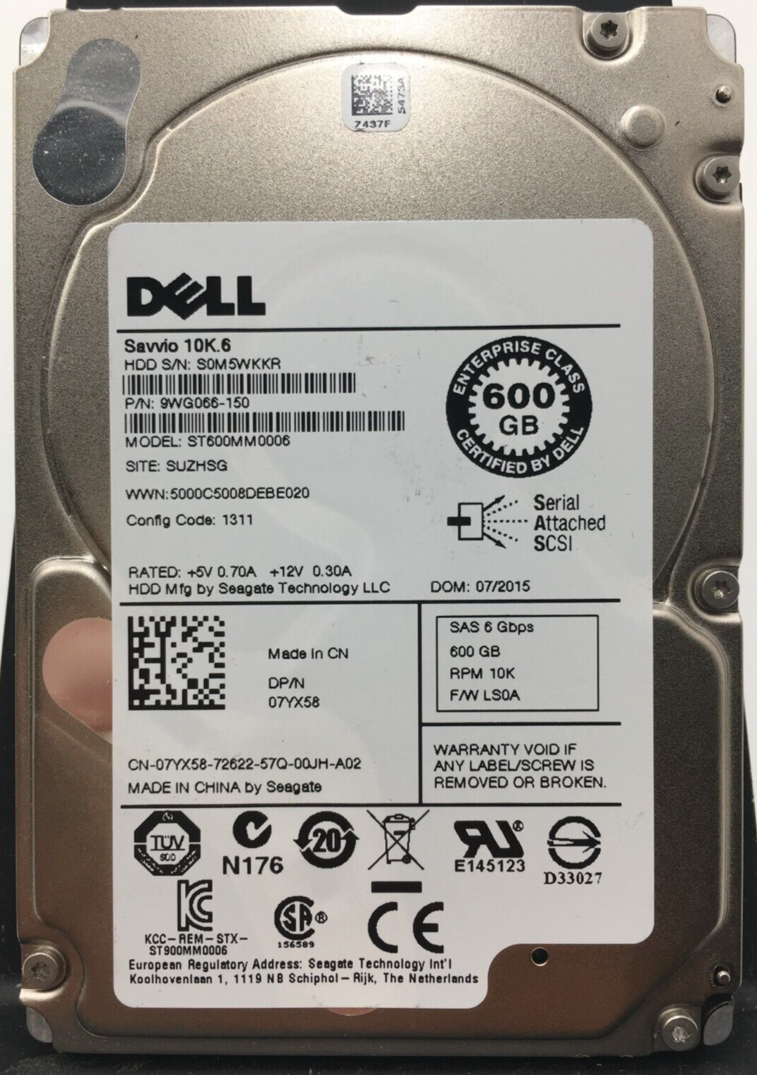 7YX58 07YX58 ST600MM0006 DELL 600GB 10K 6G SFF 2.5'' SAS SED HDD W/O TRAY