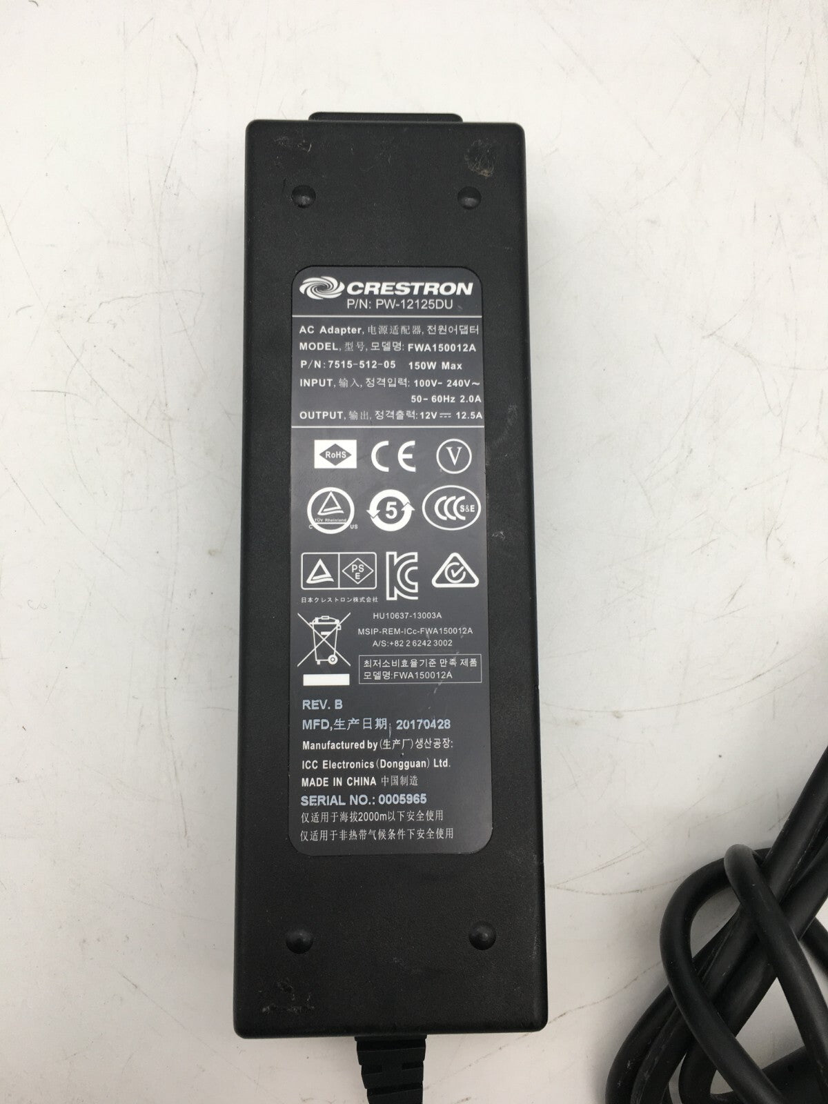 Crestron Ac Adapter 4-Pin Model-FWA150012A Output-12V-12.5A P/N-PW-12125DU