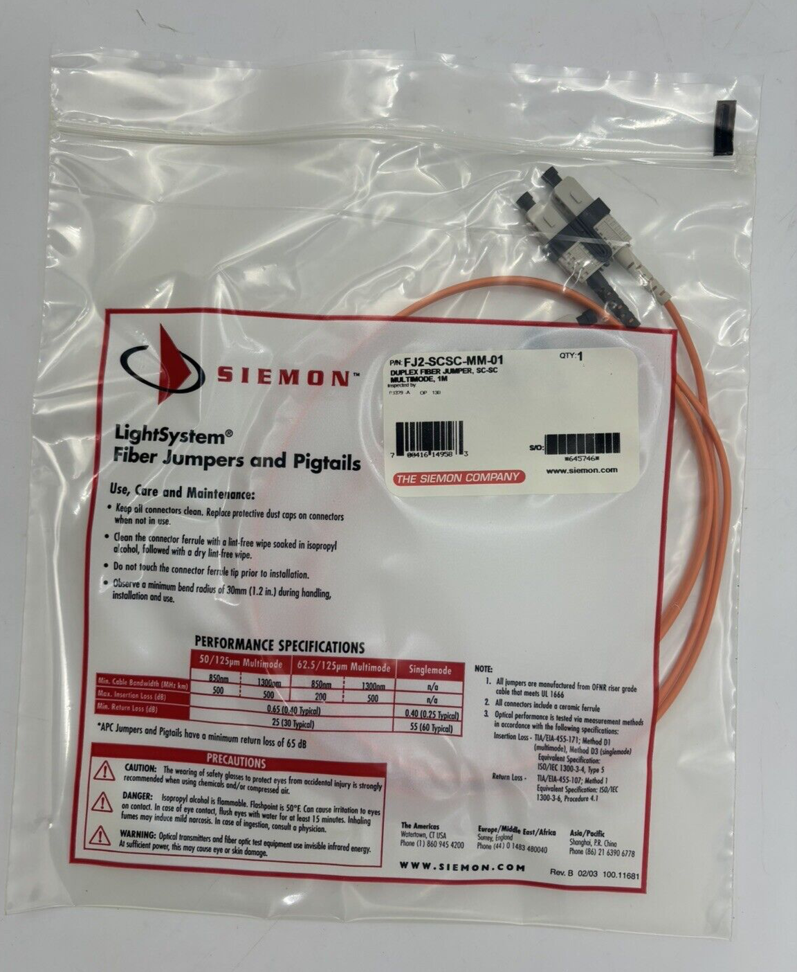 SIEMON COMPANY FJ2-SCSC-MM-03 SC-Duplex Fiber Jumper & Pigtails