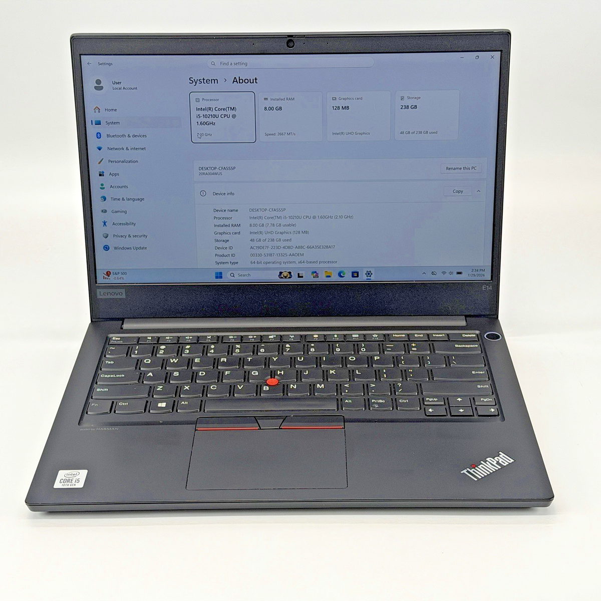 Lenovo ThinkPad E14 i5-10210u 1.60 GHz 8 GB RAM 256 GB SSD Win 11 Pro