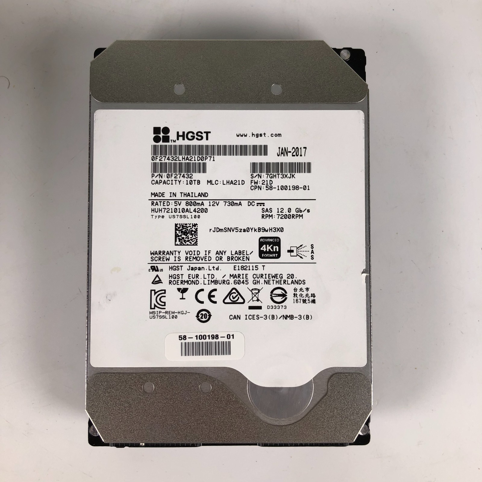 WD HGST 10TB 3.5" 7.2K SAS 12Gb/s 4Kn Hard Drive 0F27432