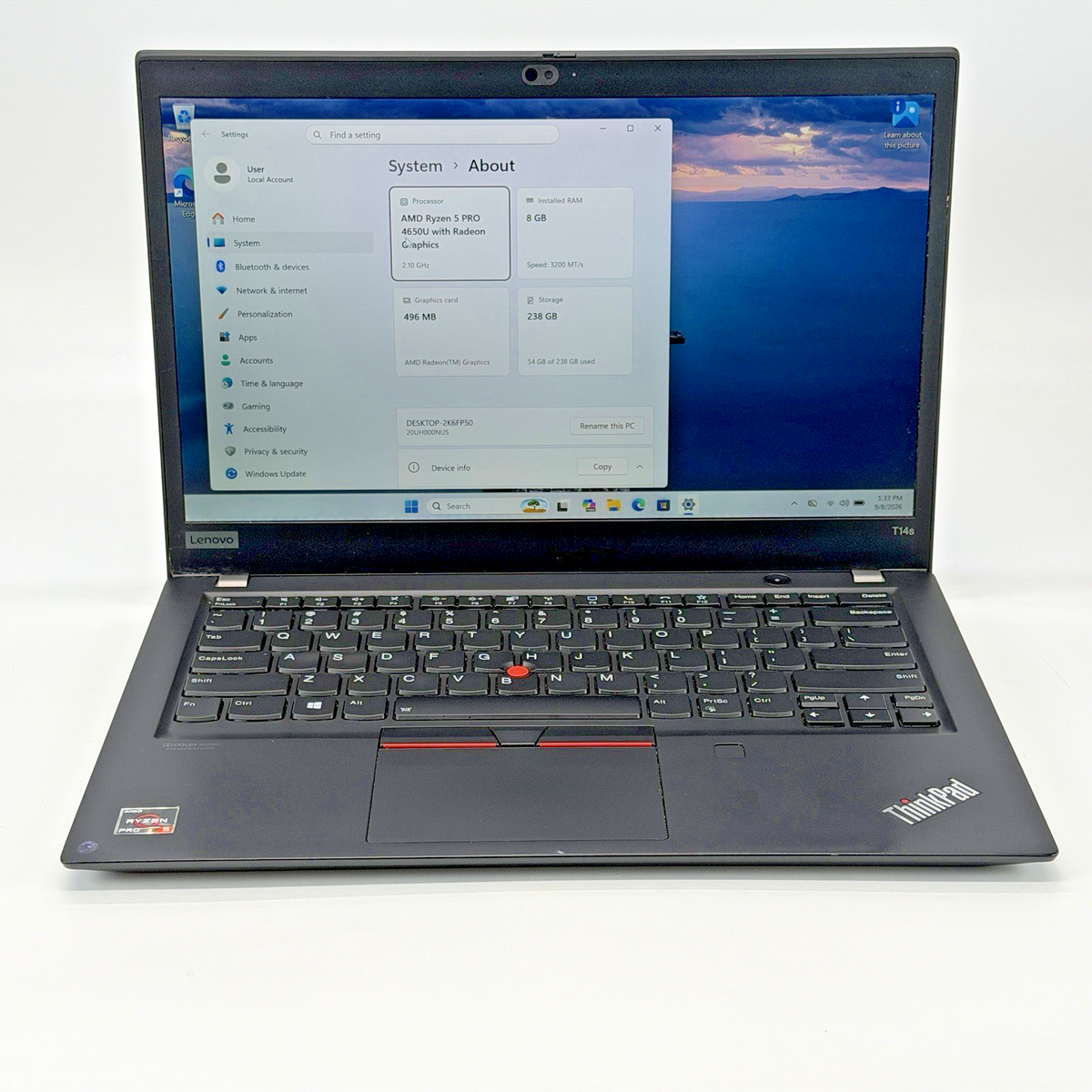 Lenovo ThinkPad T14s Gen 1 AMD Ryzen 5 Pro 4750u 2.10 GHz 8 GB RAM 256 GB (NVMe)