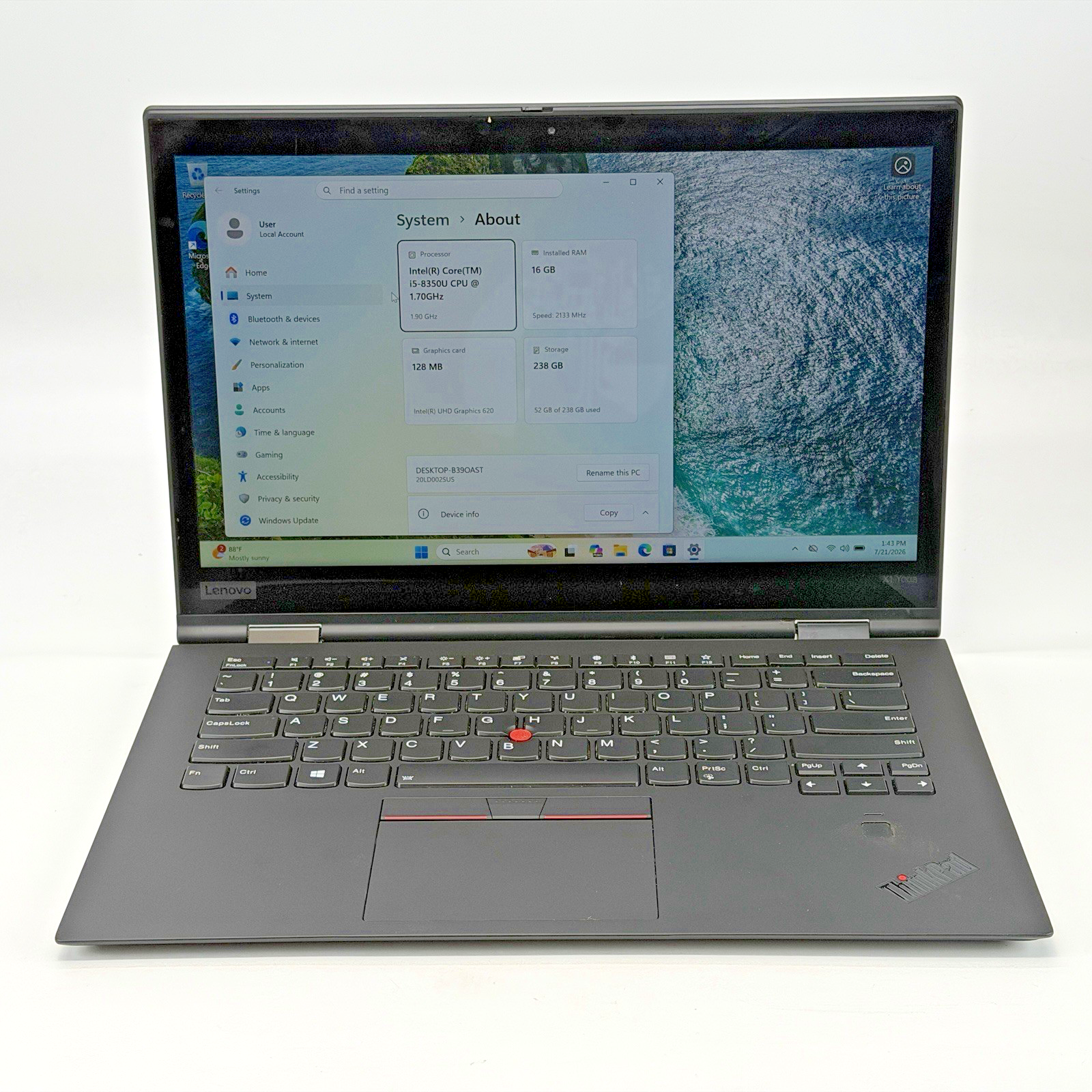 Lenovo ThinkPad x1 Yoga Gen 3 i5-8th Gen Touch 14" 16 GB RAM 256 GB SSD Win 11