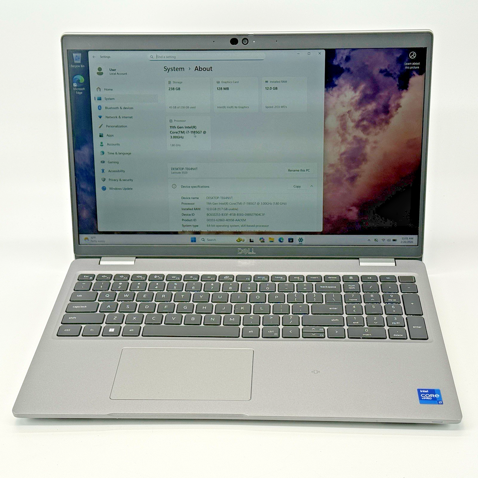 Dell Latitude  5520 Intel i7-1185G7 3.00 GHz 12 GB RAM 256 GB SSD (NVMe) Win 11