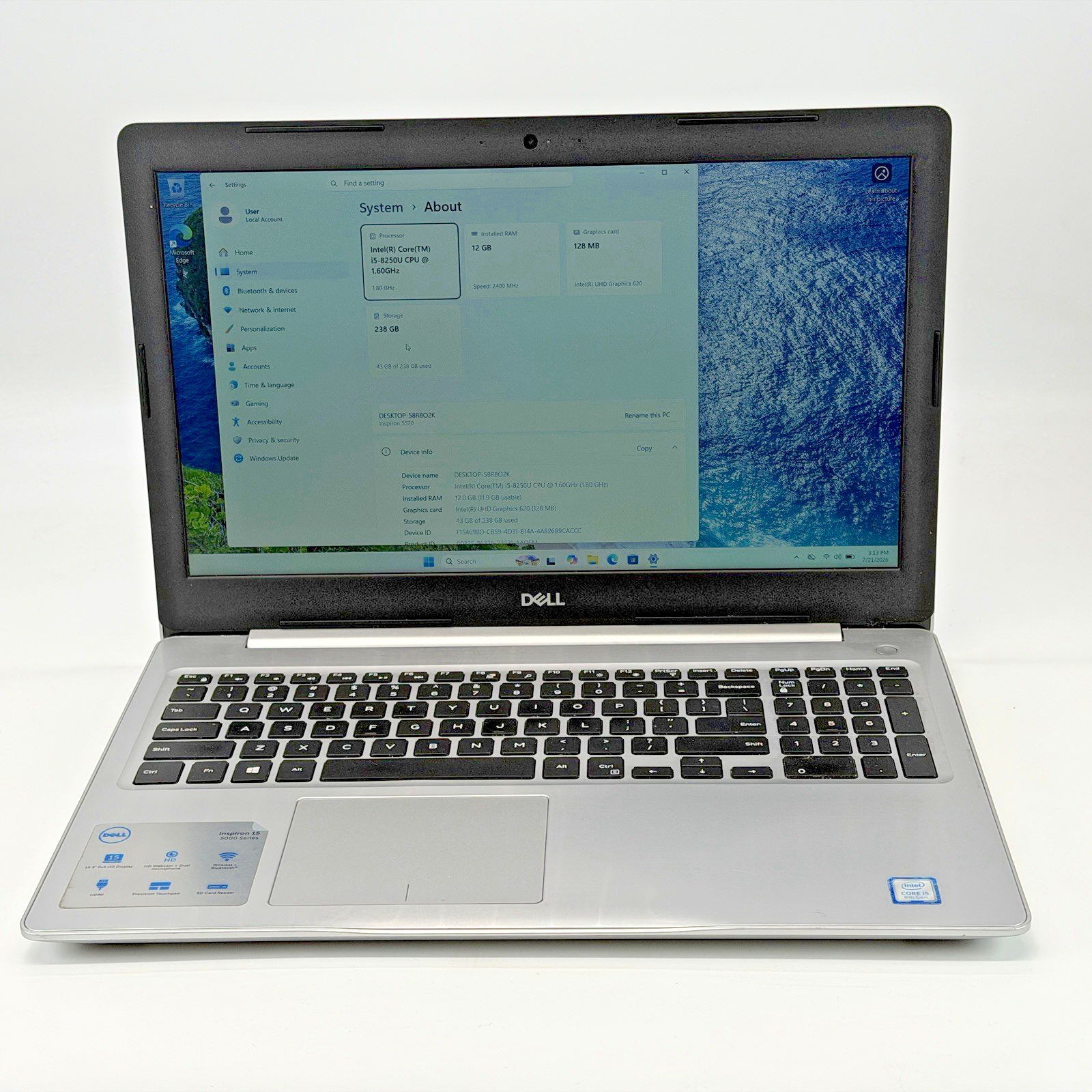 Dell Inspiron 5570 Intel i5-8250u 1.60 GHz 12 GB RAM 256 GB SSD (NVMe) Win 11