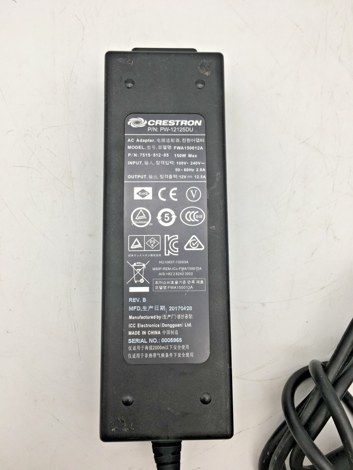 Crestron Ac Adapter 4-Pin Model-FWA150012A Output-12V-12.5A P/N-PW-12125DU
