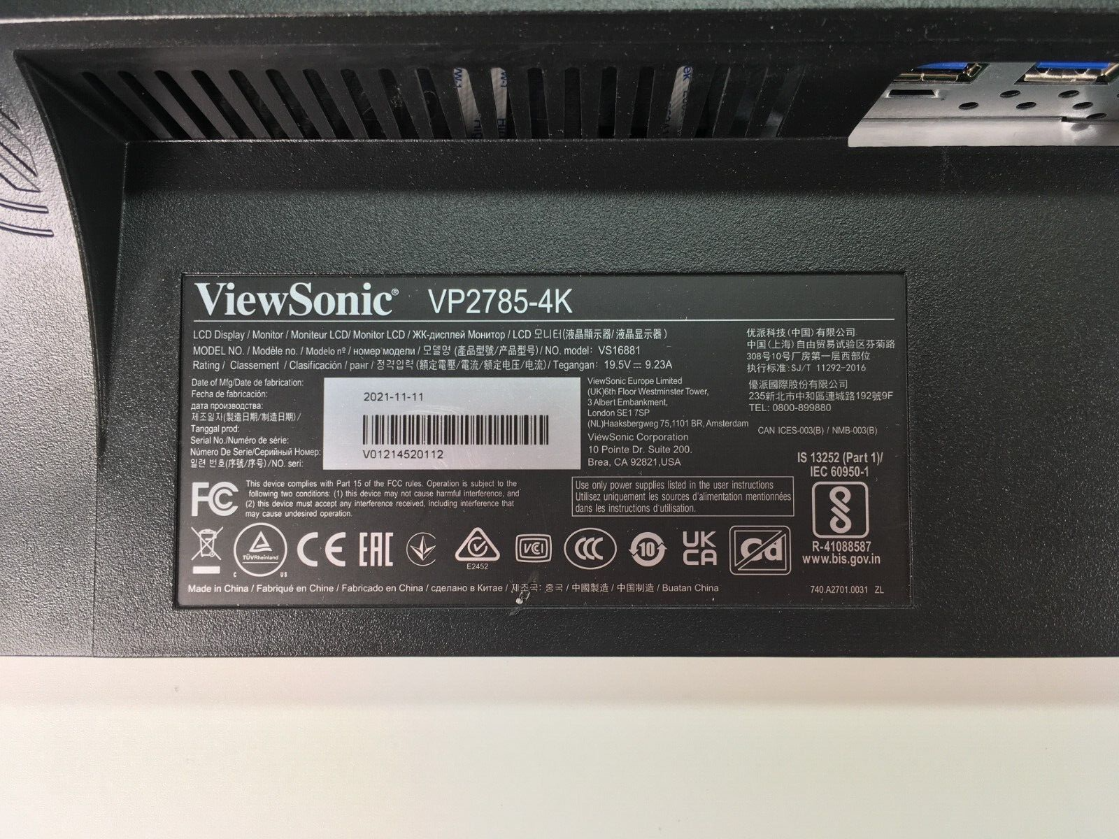 ViewSonic 27" monitorVP2785-4k 27" Adobe RGB
