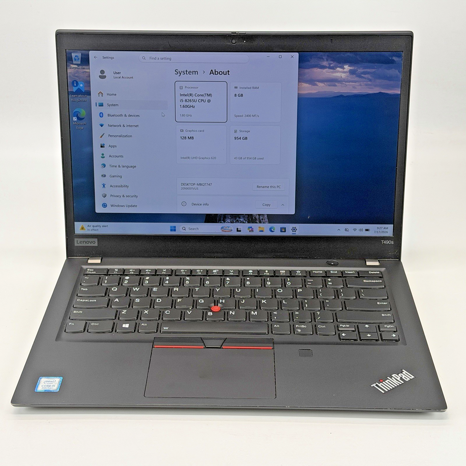 Lenovo ThinkPad T490s Intel i5-8265u 1.60 GHz 8 GB RAM 1 TB SSD (NVMe) Win 11